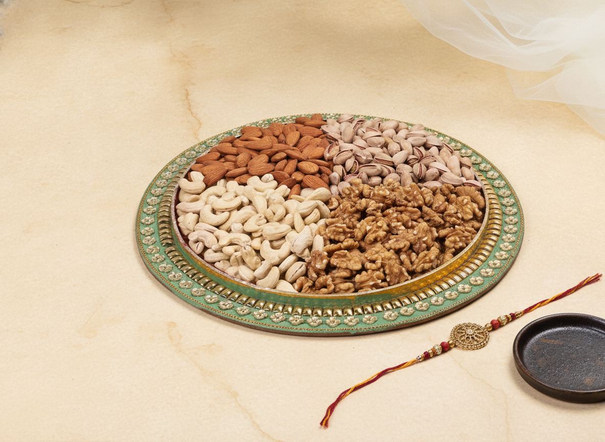 Raksha Bandhan dry fruit gifting tray with rakhi -- Sindhi Dry Fruits Gifting Occasions