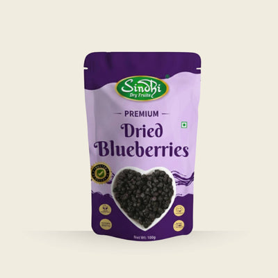 Premium dried blueberries pack front view – antioxidant-rich berries, 100g