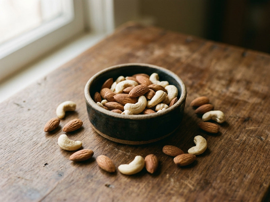 A 30g portion of almonds and cashews in a dish — magnesium and muscle recovery — Sindhi Dry Fruits