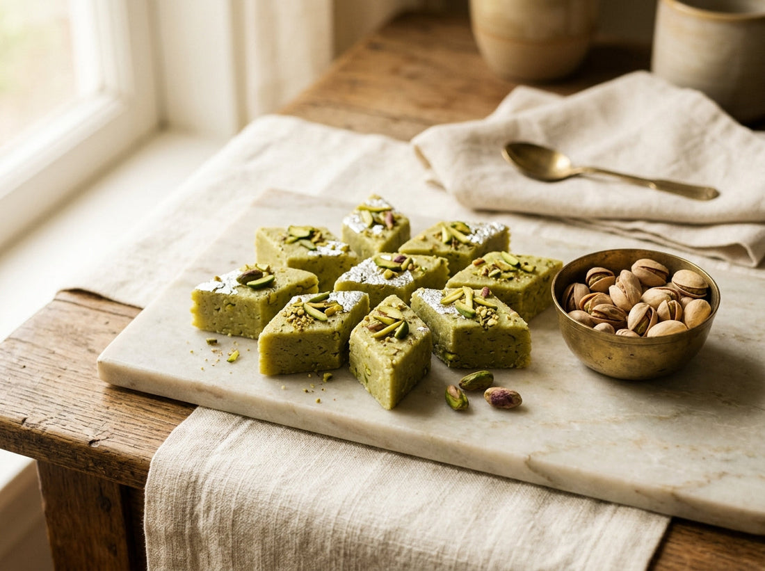 Pistachio barfi (pista mithai) cut into diamonds on marble — Sindhi Dry Fruits