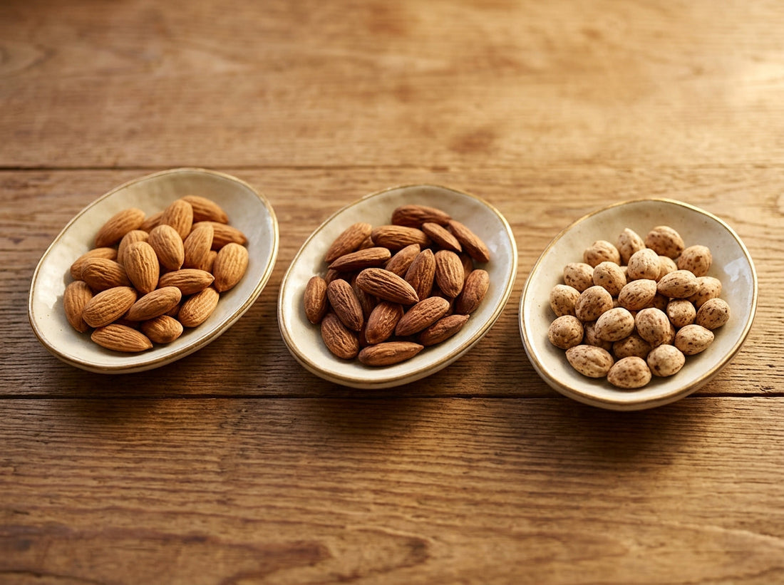 Almond varieties compared side by side in three dishes — badam buying guide — Sindhi Dry Fruits