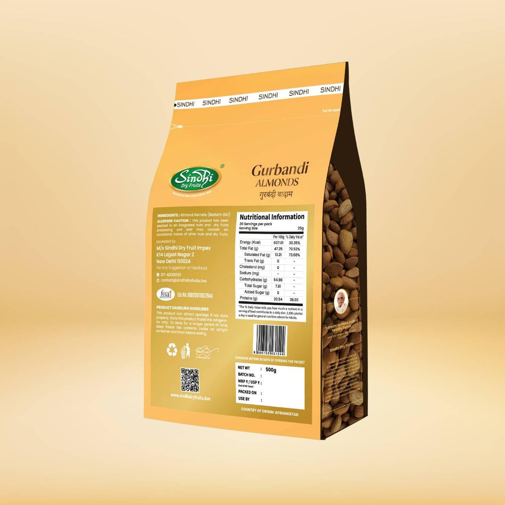 Gurbandi Badam 500g pack back view with nutrition information and FSSAI label