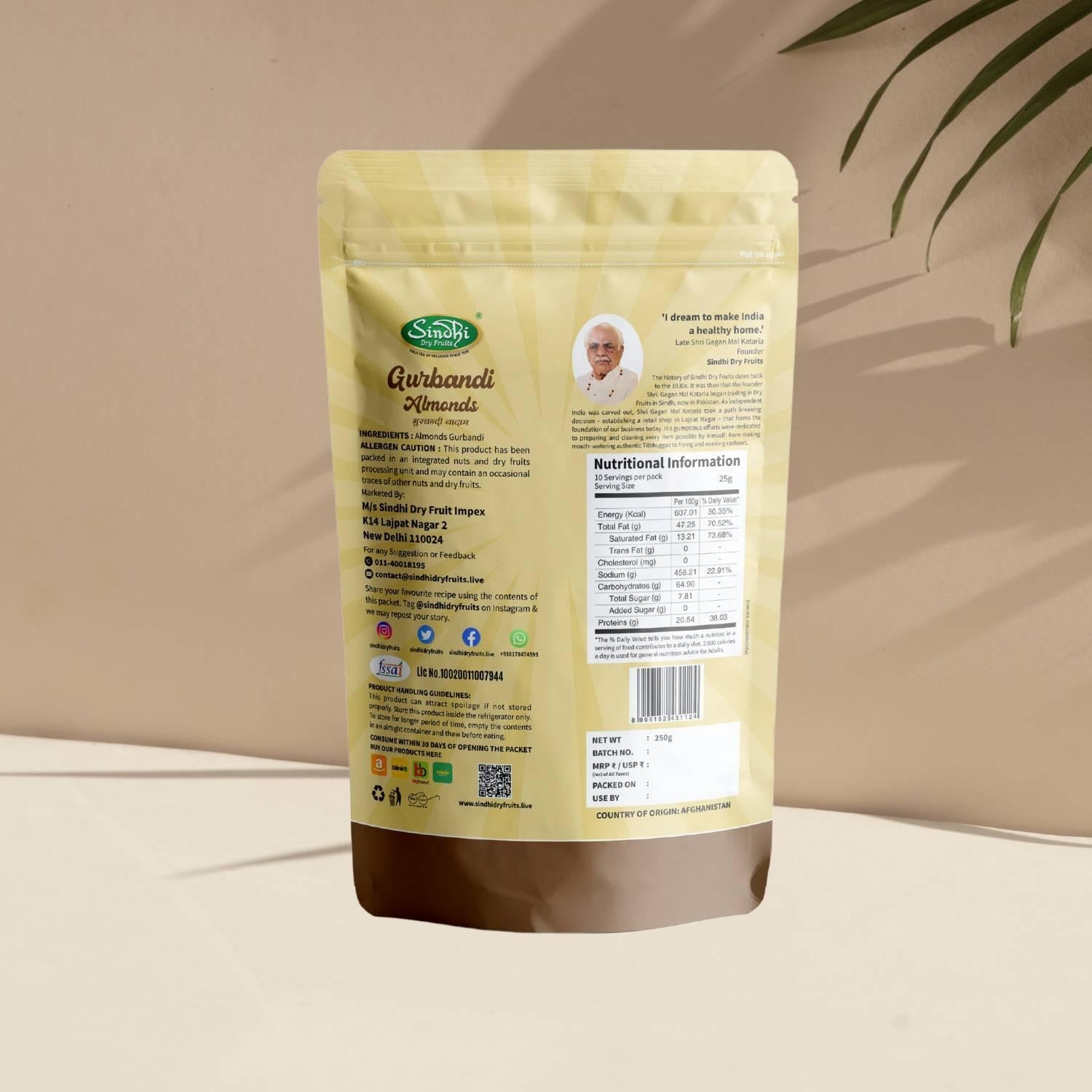 Gurbandi Badam 250g pack back view with nutrition facts and FSSAI details