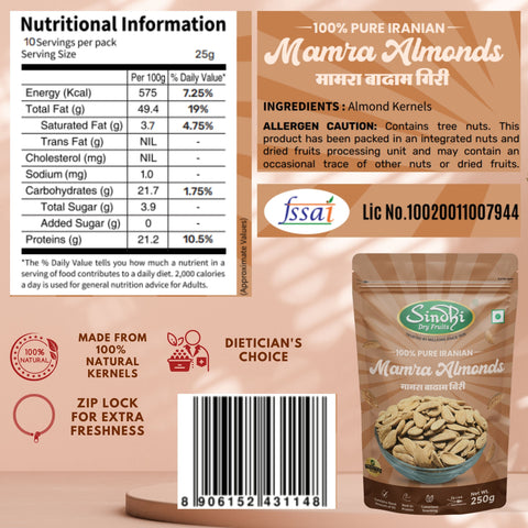 Packaging of Iranian Mamra Almonds with nutritional information and branding details.