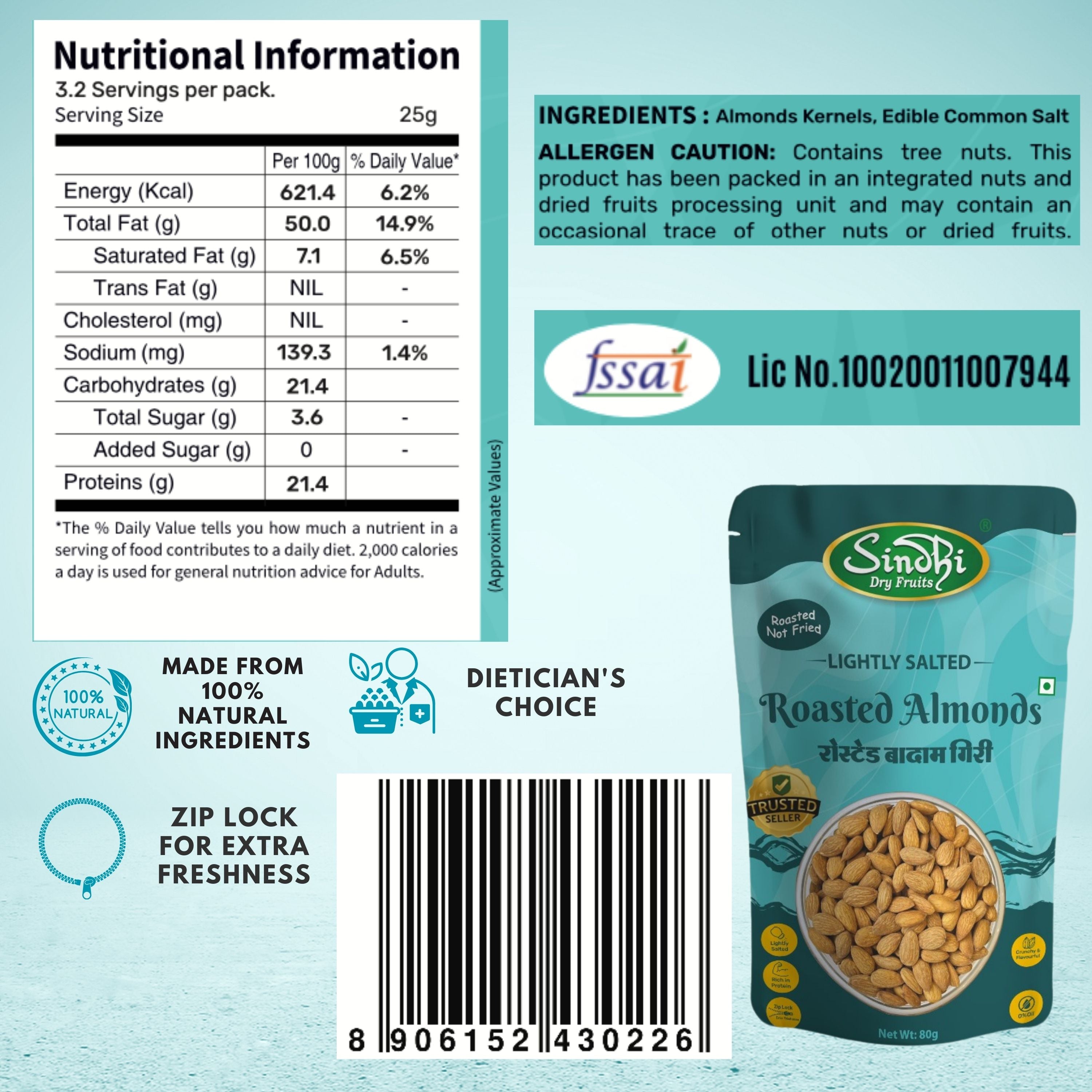 Sindhi Dry Fruits Salted Nut Snack, Roasted Kaju 80g, Roasted Almond 80g and Salted Pista 200g, Light Health Boost for Office Snacking, 360g, Pack of 3