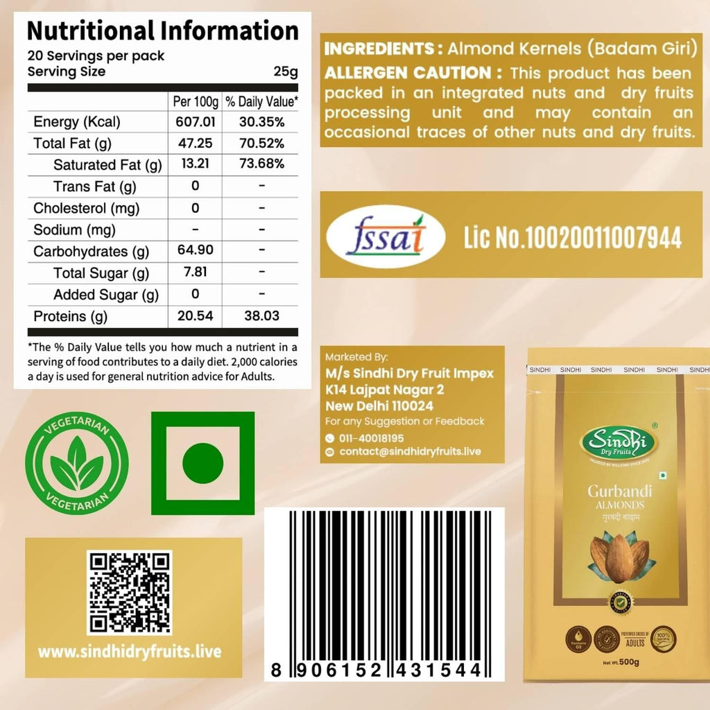 Gurbandi Badam nutrition information, protein per 100g and FSSAI label