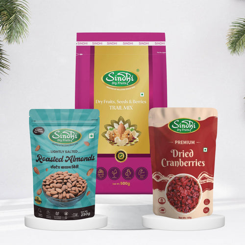 Trail mix pack detail – roasted badam, cranberries and dry fruits blend