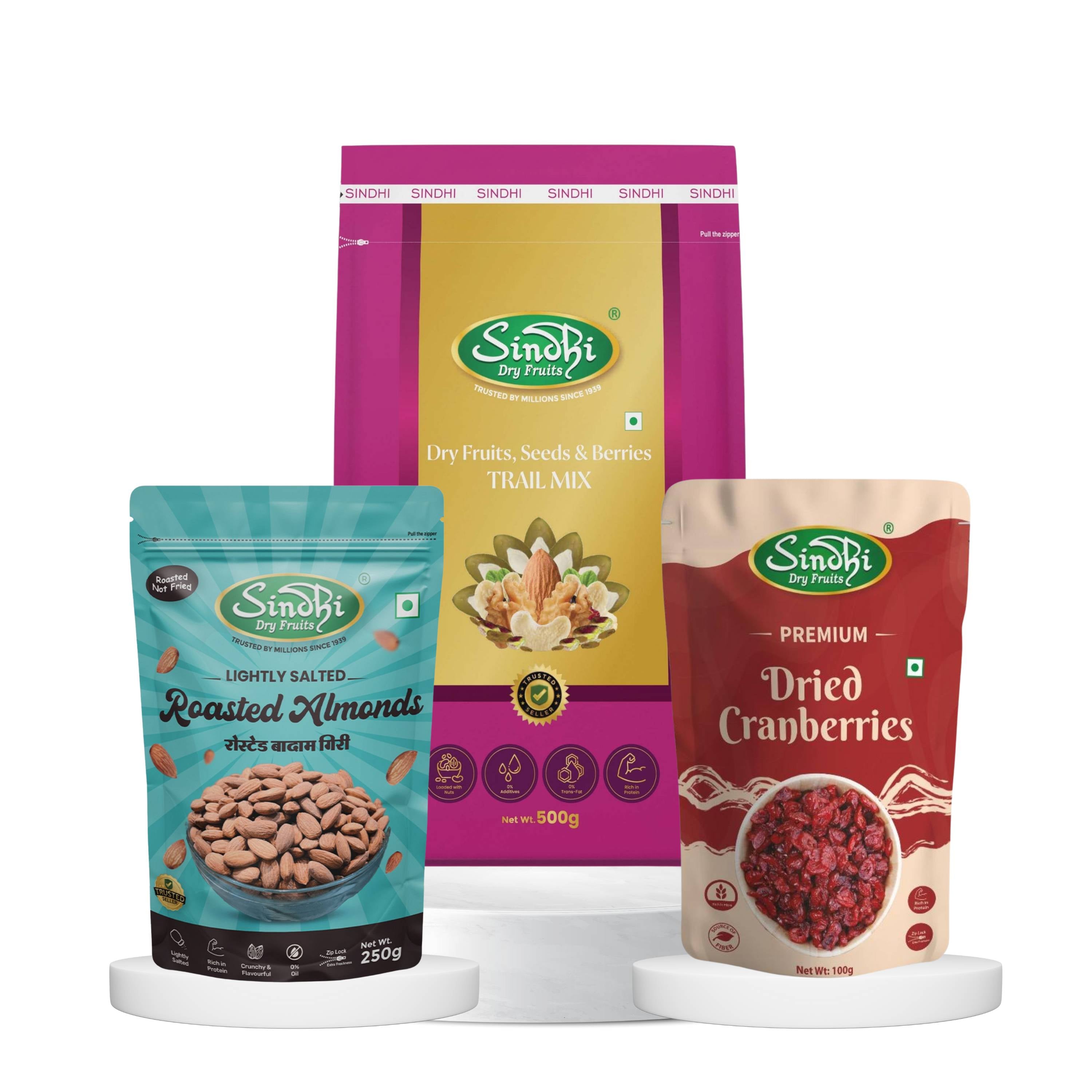Trail Mix Energy Pack, Immunity Trail Mix 500g and Dried Cranberries 100g and Roasted Almonds 250g, Power-Packed Superfood Mix, 850g, Pack of 3