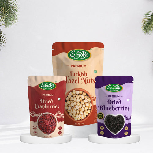 Dried cranberries, blueberries & hazelnuts 300g trio, pack detail