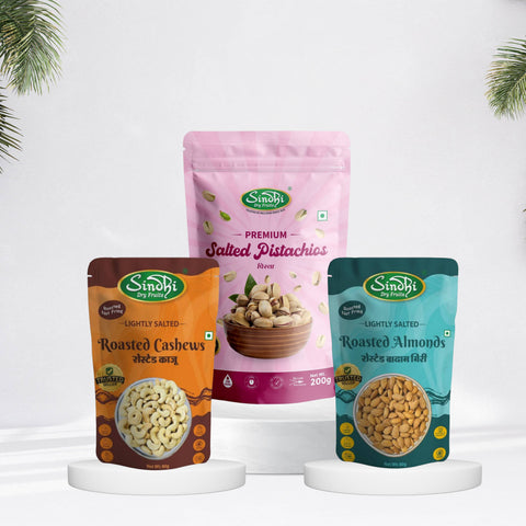 Salted Nut Snack, Roasted Kaju 80g, Roasted Almond 80g and Salted Pista 200g, Light Health Boost for Office Snacking, 360g, Pack of 3