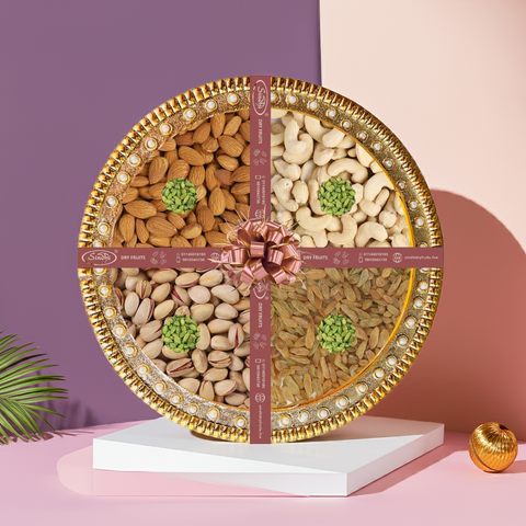 Premium Gift Tray, Containing Cashews, Almonds, Pistachios and Raisins Decorated with Green Cardamom