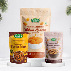 Exotic Delight Mix, Turkish Apricots 200g and Pecan Nuts 100g and Akhrot Giri 150g, Luxurious Gourmet Gifting Mix, 450g, Pack of 3
