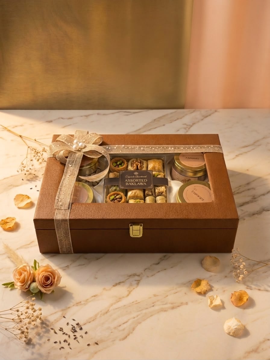 Premium Dry Fruits & Baklawa Gift Box — Almonds, Cashews, Pistachio & Raisins — front pack