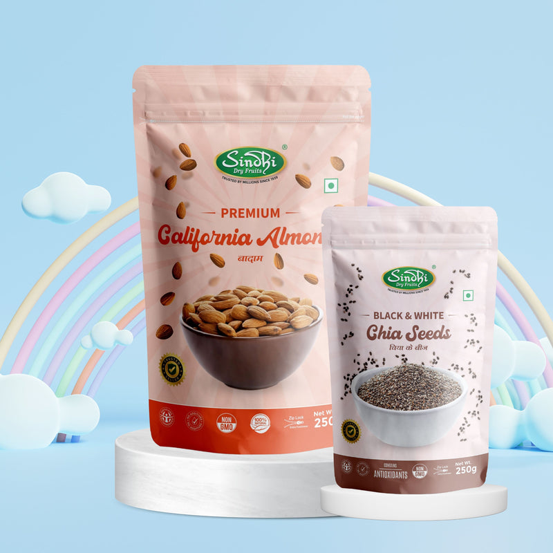 Fitness Pair Pack, Chia Seeds 250g and California Almonds 250g, Omega-3 Protein Boost for Smoothies, 500g, Pack of 2