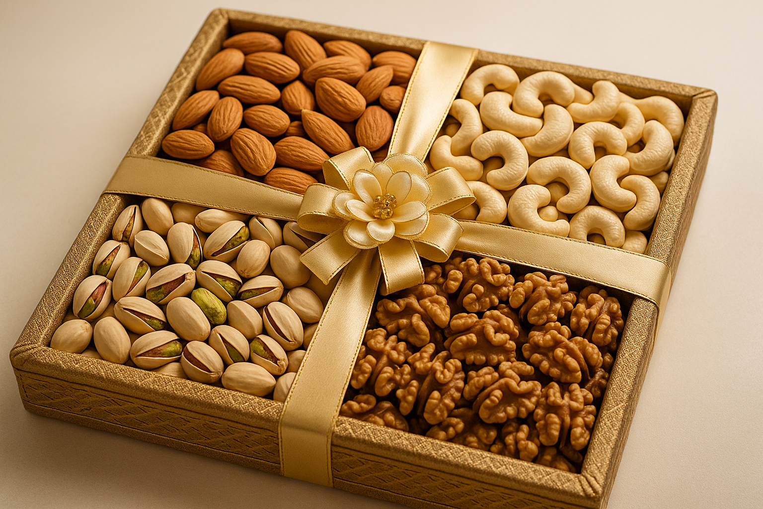 Generate an image of Dry Fruits Gift Tray containing Almonds, Cashews, Pistachios and Walnuts in equal proportion, with a 4 way ribbon and flower on top for decoration