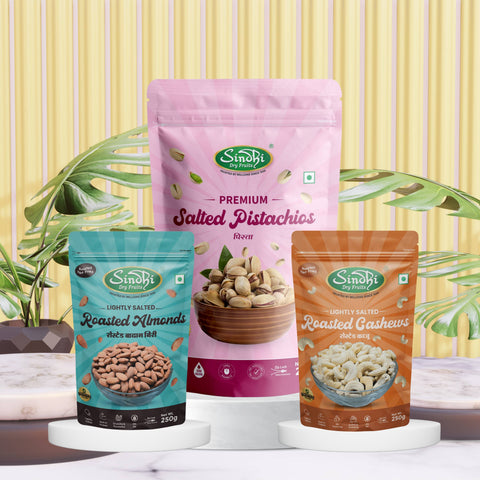 Salted Nuts Snack, Roasted Kaju 250g, Roasted Almond 250g and Salted Pista 200g, Light Health Boost for Office Snacking, 700g, Pack of 3