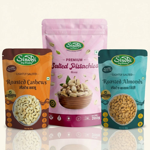 Premium salted nuts snack front of pack – roasted kaju, badam and pista, 360g office snack pack