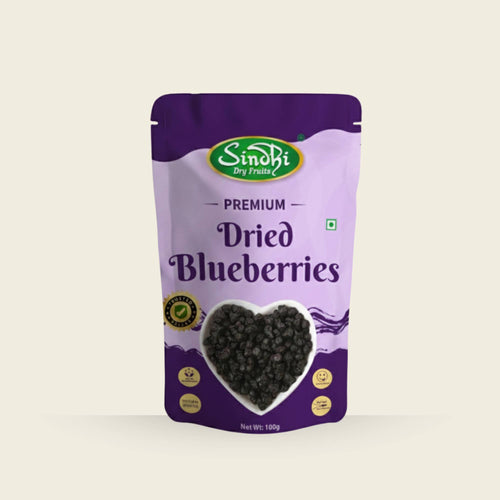 Premium dried blueberries pack front view – antioxidant-rich berries, 100g