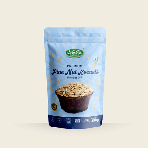 Premium Chilgoza Giri shelled pine nut kernels, front of pack – buttery flavour dry fruits