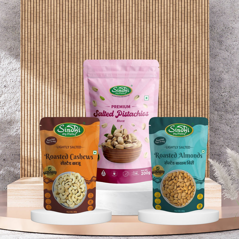 Salted Nut Snack, Roasted Kaju 80g, Roasted Almond 80g and Salted Pista 200g, Light Health Boost for Office Snacking, 360g, Pack of 3