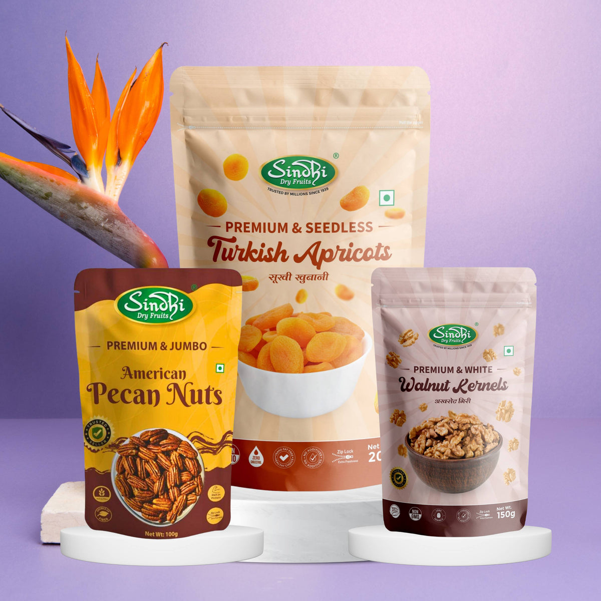 Exotic Delight Mix, Turkish Apricots 200g and Pecan Nuts 100g and Akhrot Giri 150g, Luxurious Gourmet Gifting Mix, 450g, Pack of 3