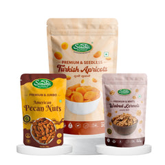 Exotic Delight Mix, Turkish Apricots 200g and Pecan Nuts 100g and Akhrot Giri 150g, Luxurious Gourmet Gifting Mix, 450g, Pack of 3
