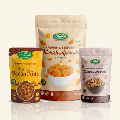 Exotic Delight Mix, Turkish Apricots 200g and Pecan Nuts 100g and Akhrot Giri 150g, Luxurious Gourmet Gifting Mix, 450g, Pack of 3