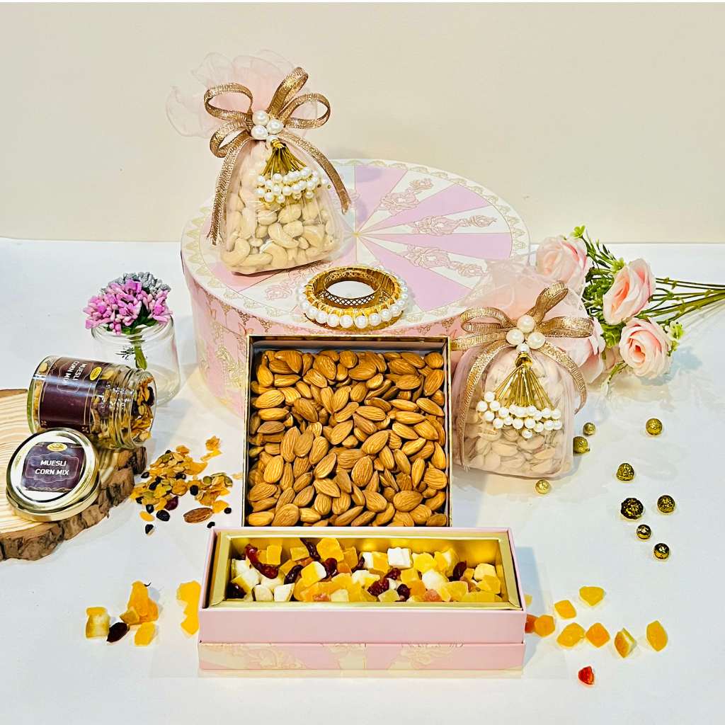 Pink Round Box Hamper with Dry Fruits - Premium Quality